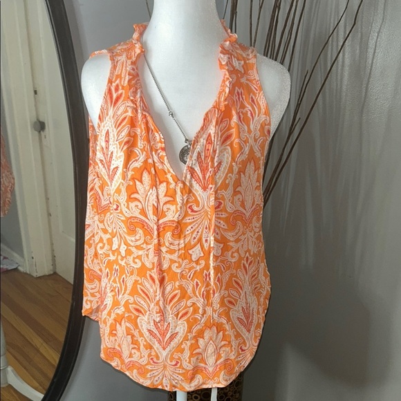 LOFT Orange and White Sleeveless Ruffled Tie Front Blouse - Picture 1 of 9